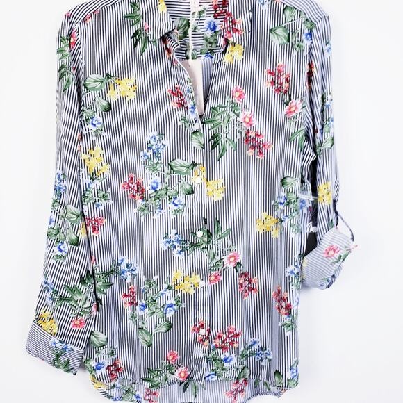 Como Vintage Blue‎ Stripe Floral Button Down Blouse Size Small NWT - Picture 2 of 6